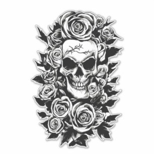 Human Skull Roses Goth Original ink drawing Art Sticker