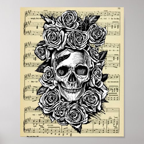 Human Skull Roses sheet music Art Illustration