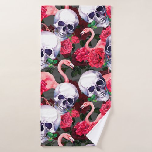 Human skull with flamingo and red rose flowers sea bath towel