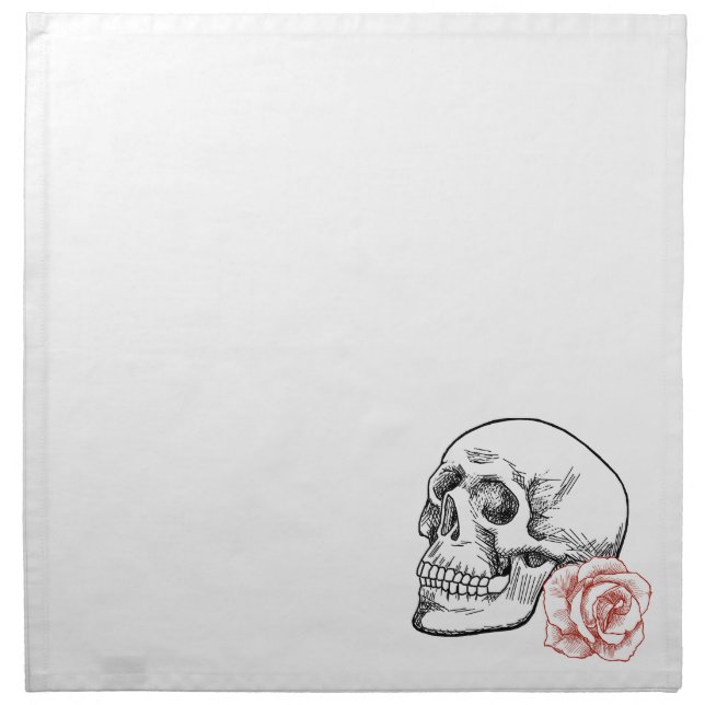 Human Skull With Red Rose Line Drawing Cloth Napkin (Front)
