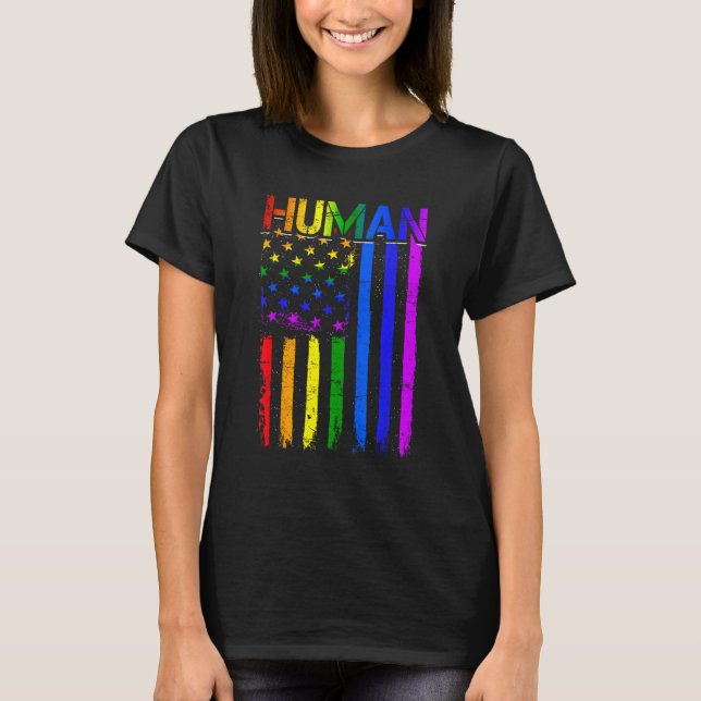 Human USA Flag LGBT Gay Pride Month Rainbow Suppor T-Shirt (Front)
