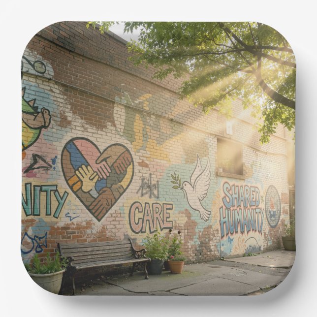 Humanity Symbolic Graffiti On Brick Wall Mural Paper Plates (Front)