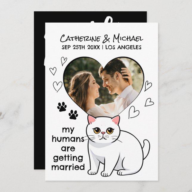 Humans Getting Married Cute Cat Lovers Hand Drawn Save The Date (Front/Back)