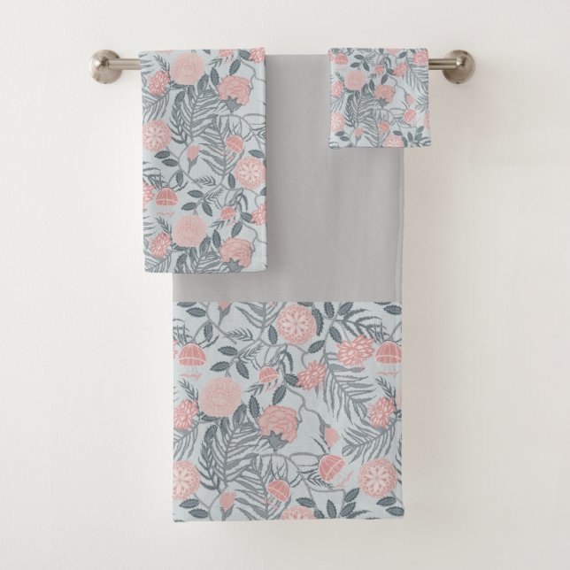 Humble pink, gray botanical wild floral pattern  bath towel set (Insitu)