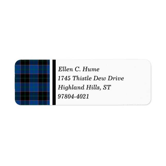 Hume Clan Royal Blue and Black Scottish Tartan Label (Front)