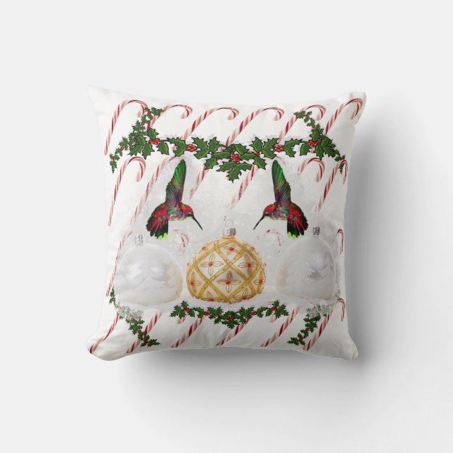 Hummers & Candy Canes Throw Pillow (Front)