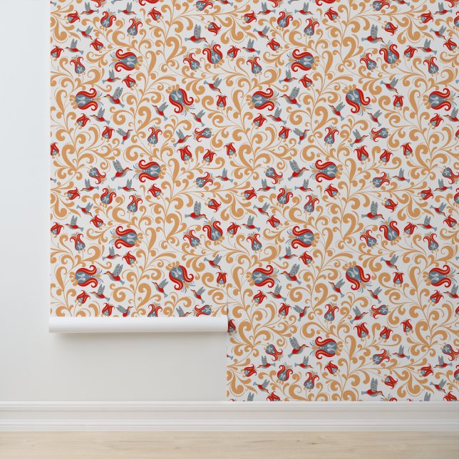 Humming Bird and Modern Bold Flower Pattern Wallpaper (Application)