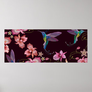 Humming bird and orchid exotic tropical flowers se poster