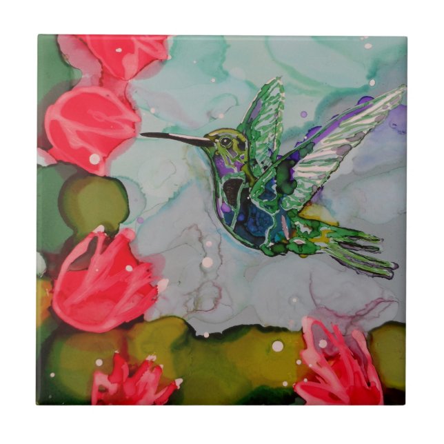 Humming Bird And Red Flowers Ceramic Tile (Front)