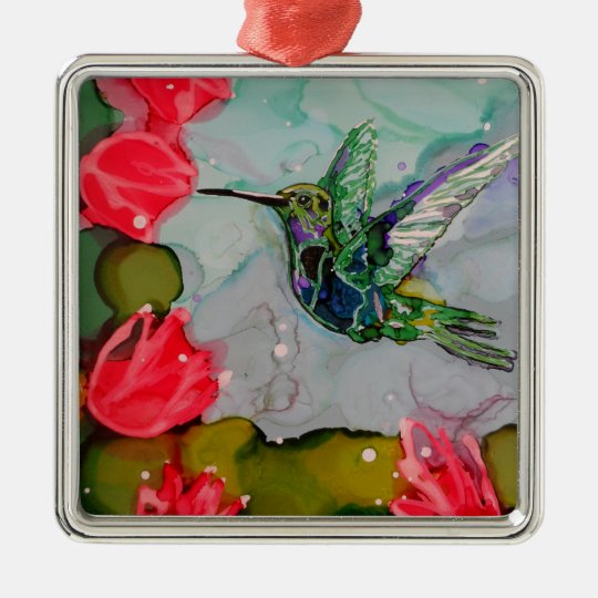 Humming Bird And Red Flowers Metal Ornament