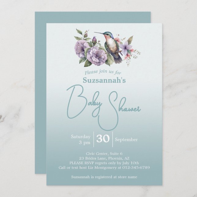 Humming Bird Aqua Ombre Baby Shower  Invitation (Front/Back)