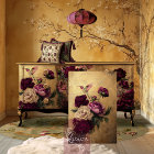 Humming Bird & Floral, Burgundy & Gold Background