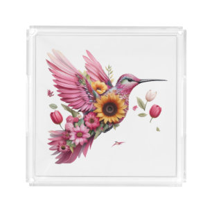 Humming bird flying with flowers acrylic tray