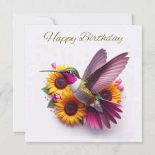 Humming bird flying with flowers Happy Birthday