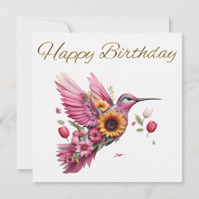 Humming bird flying with flowers Happy Birthday (Front)