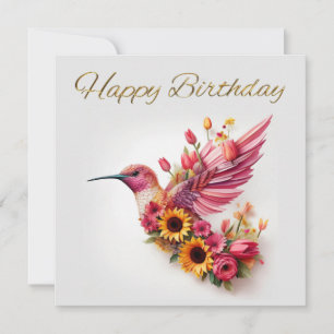 Humming bird flying with flowers Happy Birthday