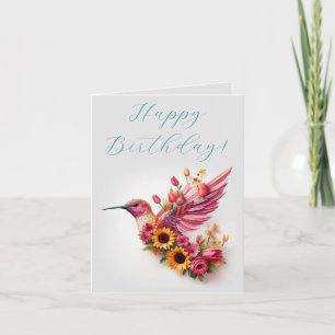 Humming bird flying with flowers Happy Birthday Card