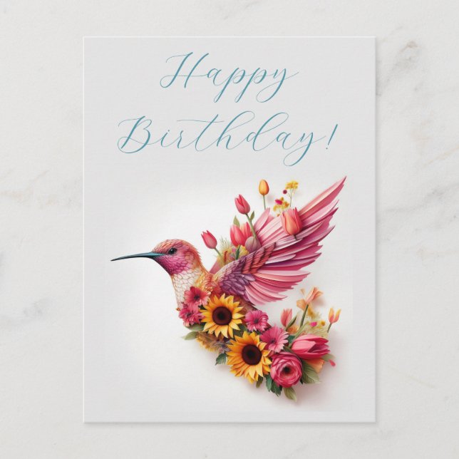 Humming bird flying with flowers Happy Birthday Postcard (Front)