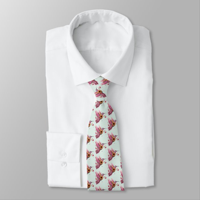 Humming bird flying with flowers neck tie (Tied)