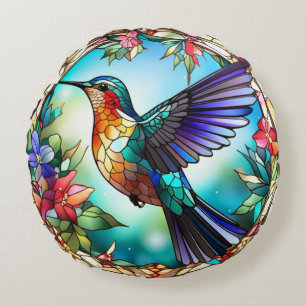 Humming Bird in the Stained Glass Style Round Pillow