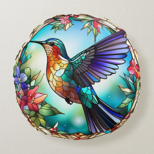 Humming Bird in the Stained Glass Style Round Pillow (Front)