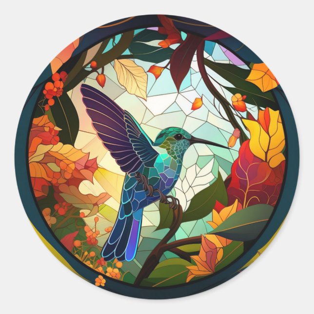 Humming Bird Stained Glass Classic Round Sticker (Front)