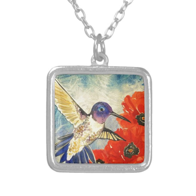 Humming Birds and Poppies Silver Plated Necklace (Front)