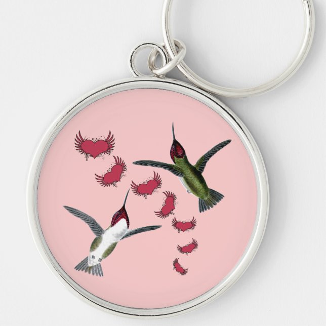 Humming Birds Grunge Hearts with Wings Keychain (Front)