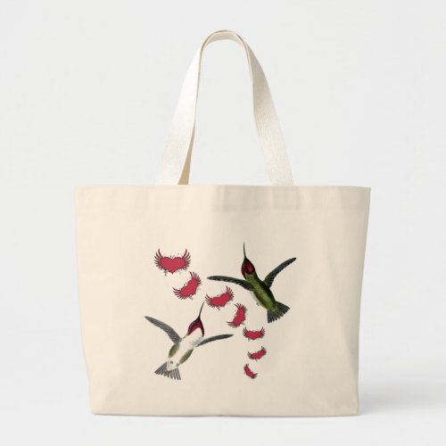 Humming Birds Grunge Hearts with Wings Large Tote Bag