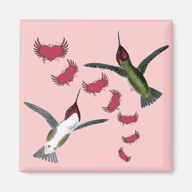 Humming Birds Grunge Hearts with Wings Magnet (Front)