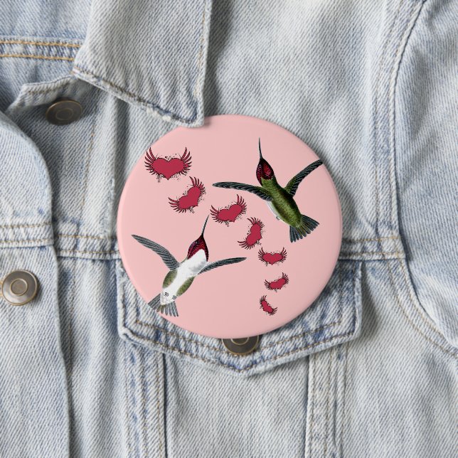 Humming Birds Grunge Hearts with Wings Pinback Button (In Situ)
