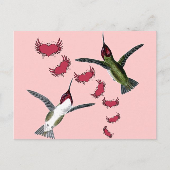 Humming Birds Grunge Hearts with Wings Postcard (Front)