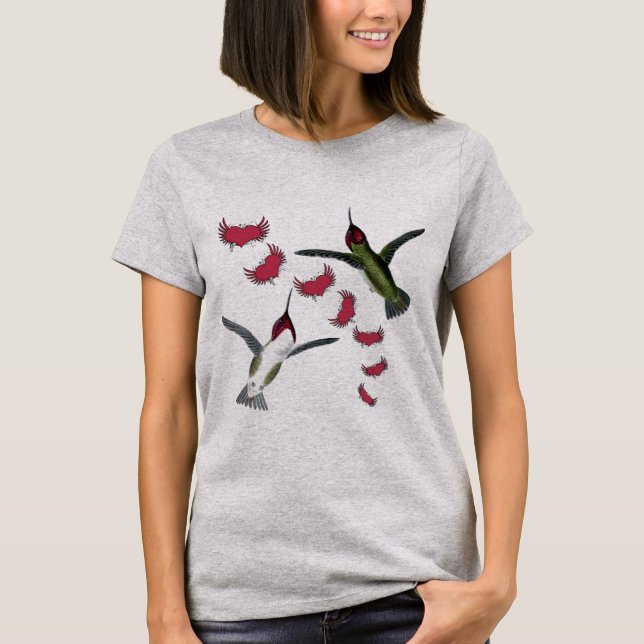 Humming Birds Grunge Hearts with Wings T-Shirt (Front)