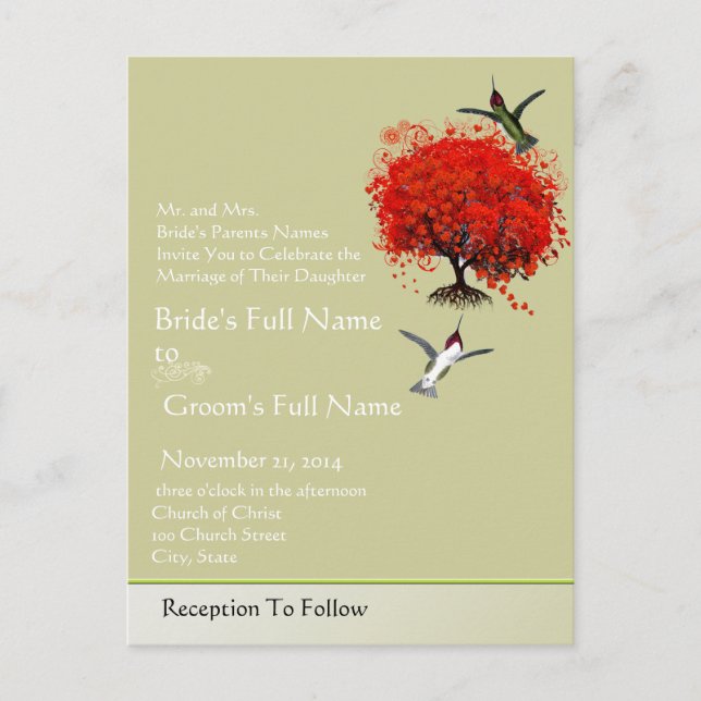 Humming Birds Red Tree With Hearts & Swirls Postcard (Front)