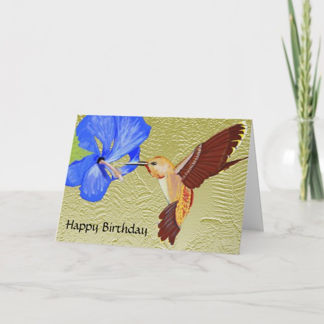 Hummingbird and Blue Hibiscus Happy Birthday Card (Front)