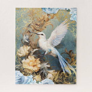 Hummingbird and Blue Roses Jigsaw Puzzle