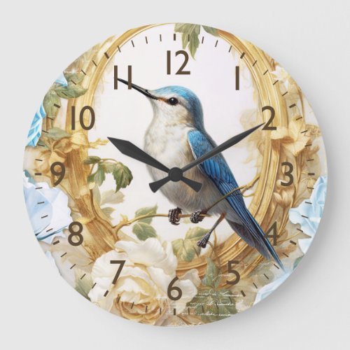 Hummingbird and Blue Roses Large Clock
