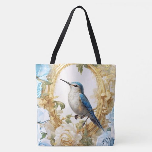 Hummingbird and Blue Roses Tote Bag