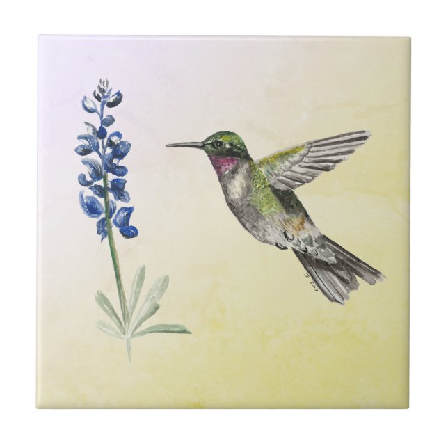 Hummingbird and Bluebonnet on Pink and Yellow Ceramic Tile (Front)