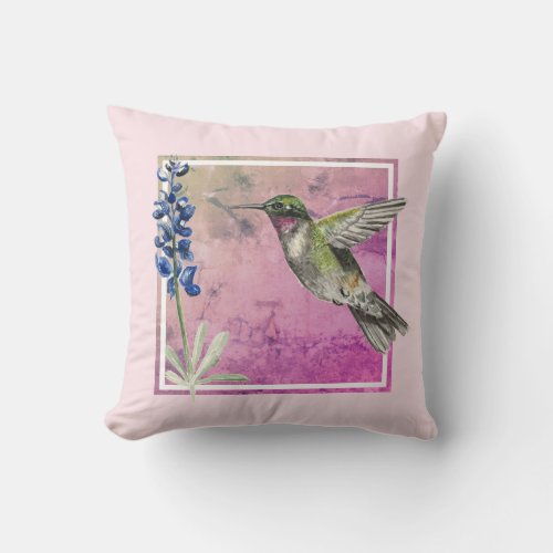 Hummingbird and Bluebonnet on Pink Background Throw Pillow