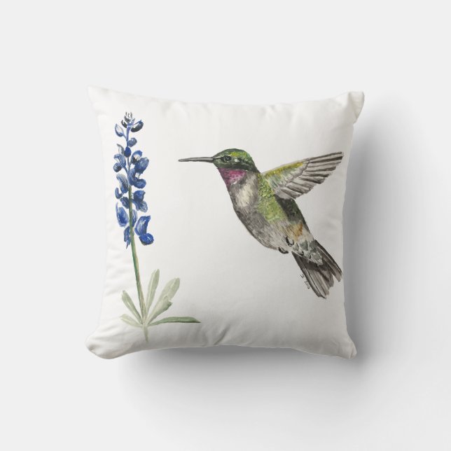 Hummingbird and Bluebonnet Throw Pillow (Front)
