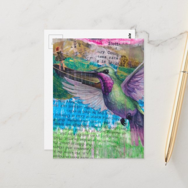 Hummingbird and Boat Abstract Mixed Media Collage Postcard (Front/Back In Situ)
