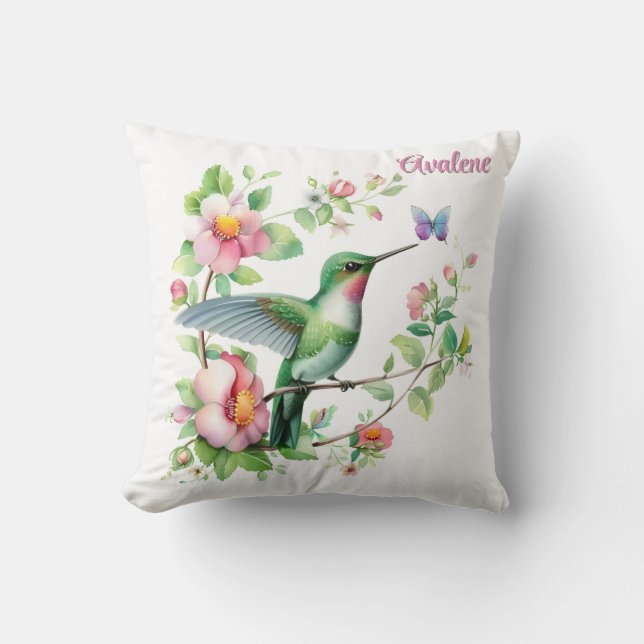 Hummingbird and Butterfly Girl Baby Shower Gift Throw Pillow (Front)