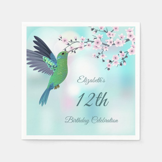 Hummingbird And Cherry Blossom |  Birthday Napkins (Front)