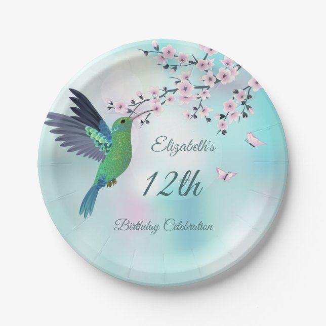 Hummingbird And Cherry Blossom |  Birthday  Paper Plates (Front)