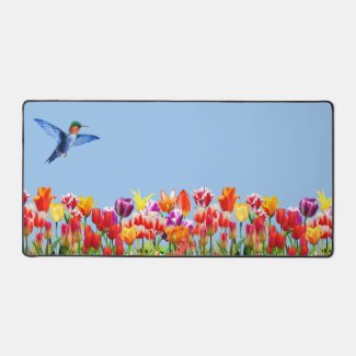 Hummingbird and Colorful Tulip Flowers