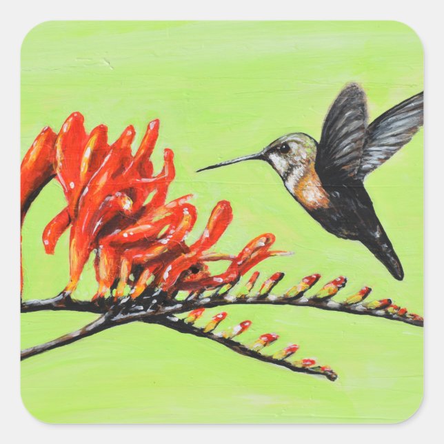 Hummingbird and Crocosmia Painting Square Sticker (Front)