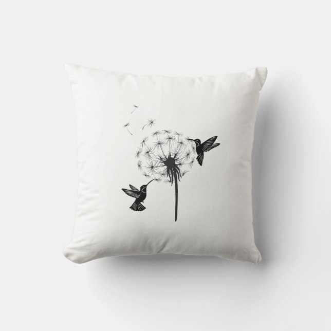 Hummingbird and Dandelion Flower Nature Art Throw Pillow (Front)