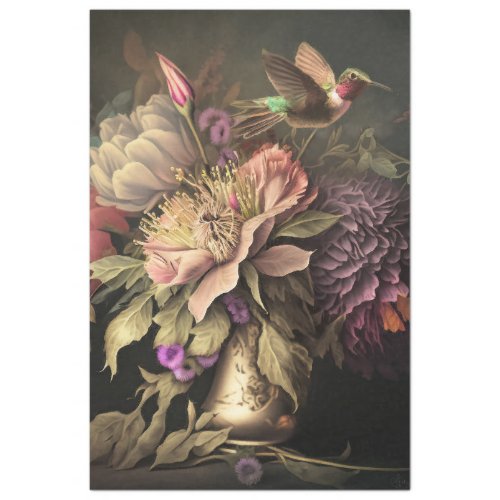 Hummingbird and Dark moody Florals decoupage Tissue Paper