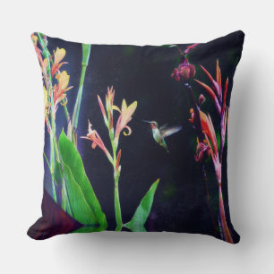 Hummingbird and Exotic Flowers Dark Colours Throw Pillow